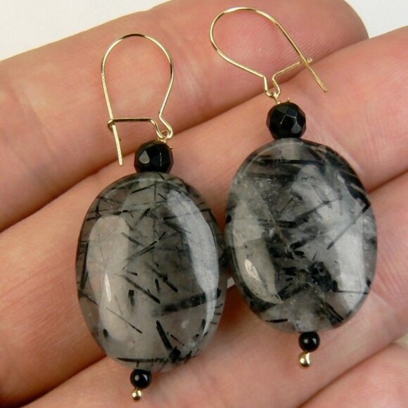 14KY GOLD Tourmalated Quartz & Black ONYX Earrings - Picture 5 of 6